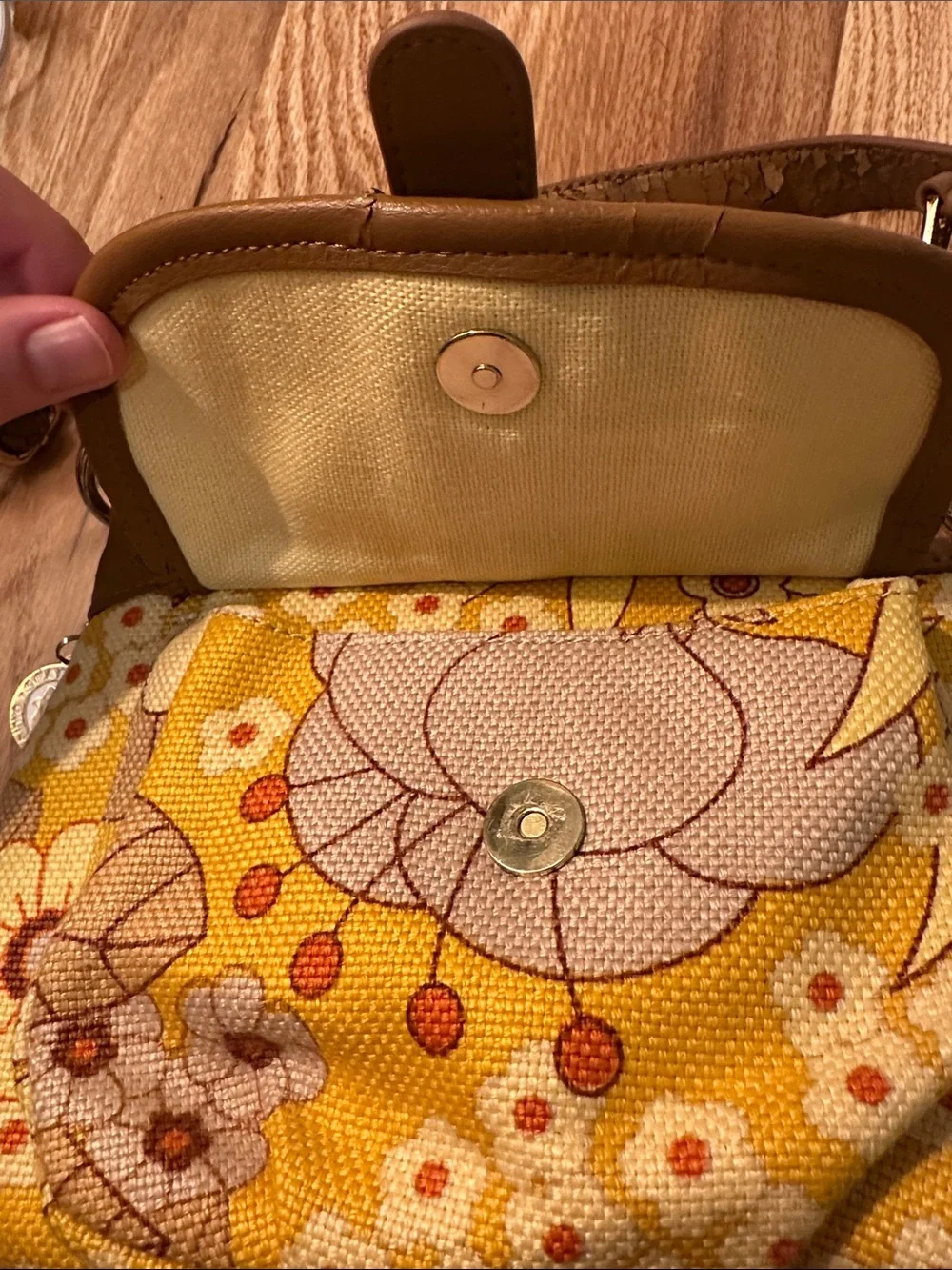 Spartina 449 Yellow Floral Canvas Crossbody Bag with Tan Trim leather and linen